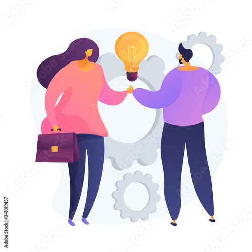 Collective creativity. Coworkers shaking hands. Partnership work, colleagues collaboration, business deal. Creative thinking, experience exchange. Vector isolated concept metaphor illustration