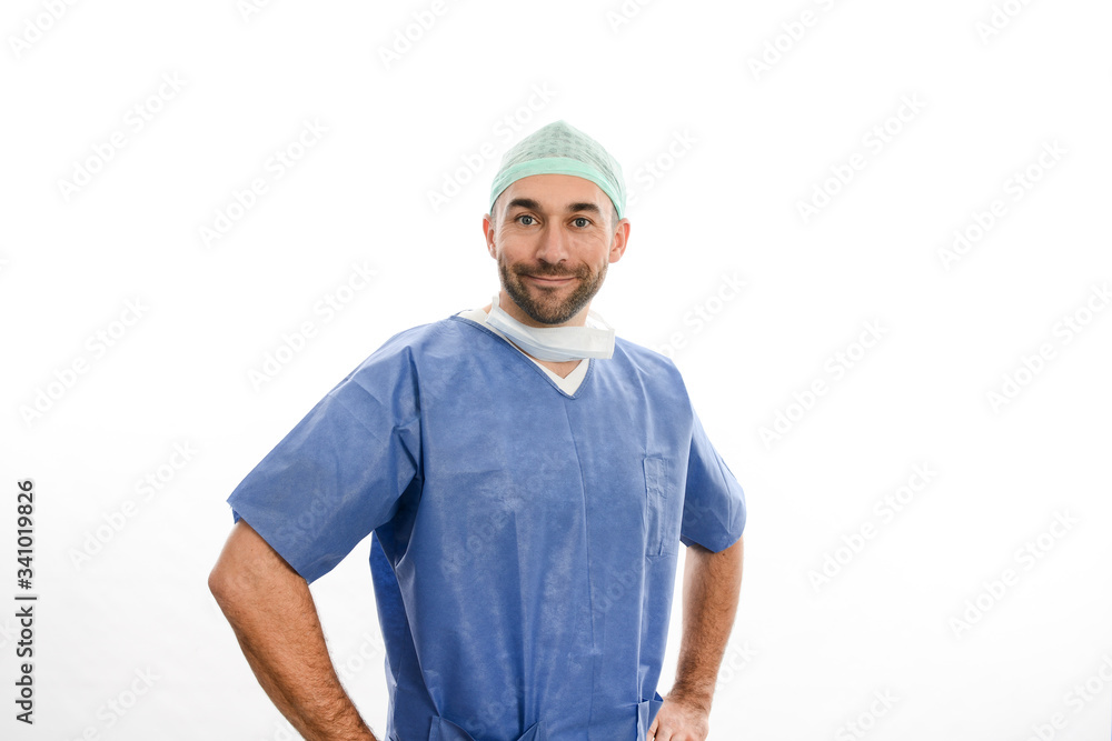 portrait of an handsome man male surgeon wearing surgical scrub suit studio shot isolated on white background portrait of an handsome man male surgeon wearing surgical scrub suit studio shot isolated on white background