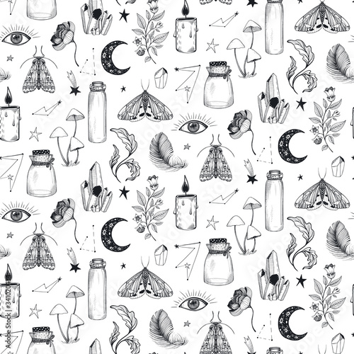 Vector seamless pattern with hand drawn mystical magic boho elements on white.