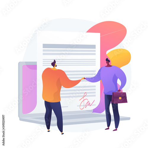 Digital agreement signing. Online document, contract signing, computerized business deal. Businessman, partners using electronic signature. Vector isolated concept metaphor illustration