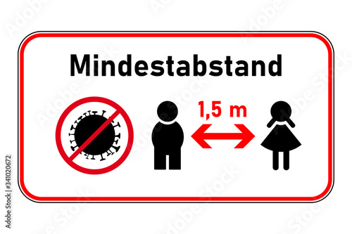 Mindestabstand 1,5 m - Schild mit Junge, Mädchen und Corona-Virus-Symbol