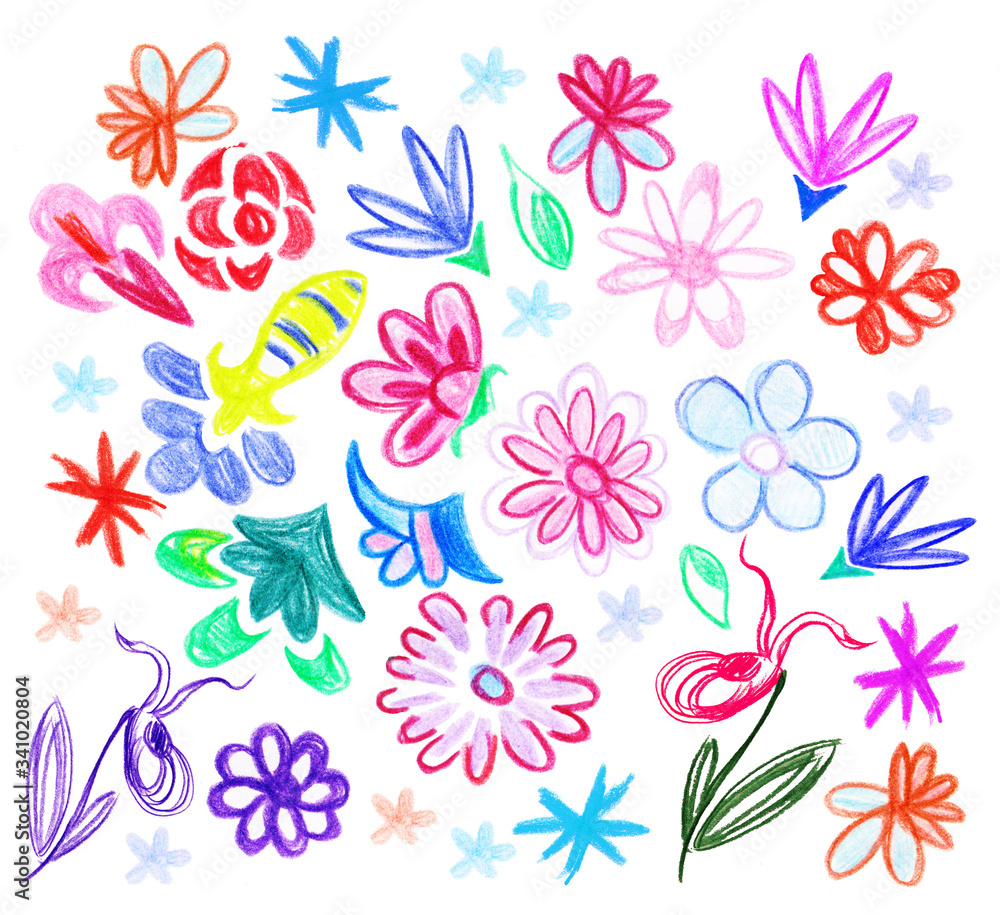 Raster cet multicolored floral pattern, kids doodle style, pencil drawing, blue-red flowers on a white background. Colour pencils.