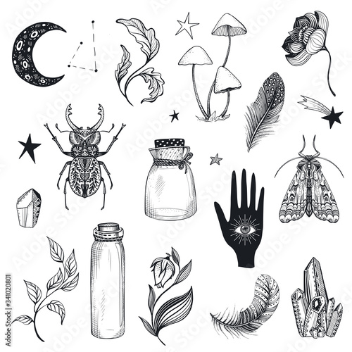 Vector collection of mystical magic boho elements isolated on white.