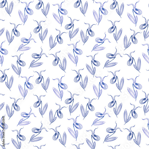 Raster seamless floral pattern, doodle style, color pencils, hand-drawn, wild orchid flower, imaginary drawing, on a white background.