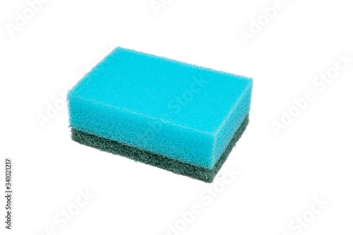 Blue sponge for washing dishes on a white background.