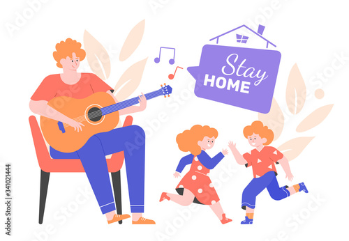 A man plays the guitar, the children dance together. Dad, daughter and son listen to music, have fun together. Family party at home. Vector flat illustration.