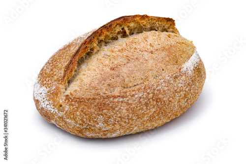 Crusty loaf of sourdough bread on white background. Artisan bread or traditional rustic bread isolated on white background.