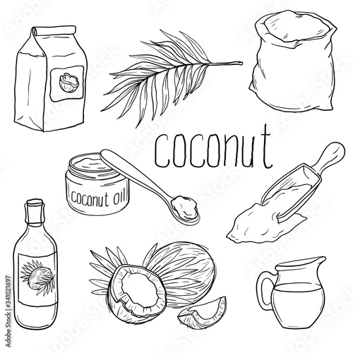 coconut and products based on it. set of vector sketches on a white background