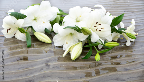 white lilies with green leaves, bouquet, lying on the water