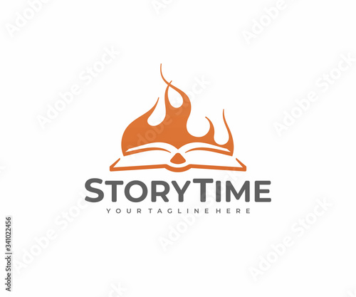 Book story logo design. Storytelling vector design. Open book and bonfire logotype