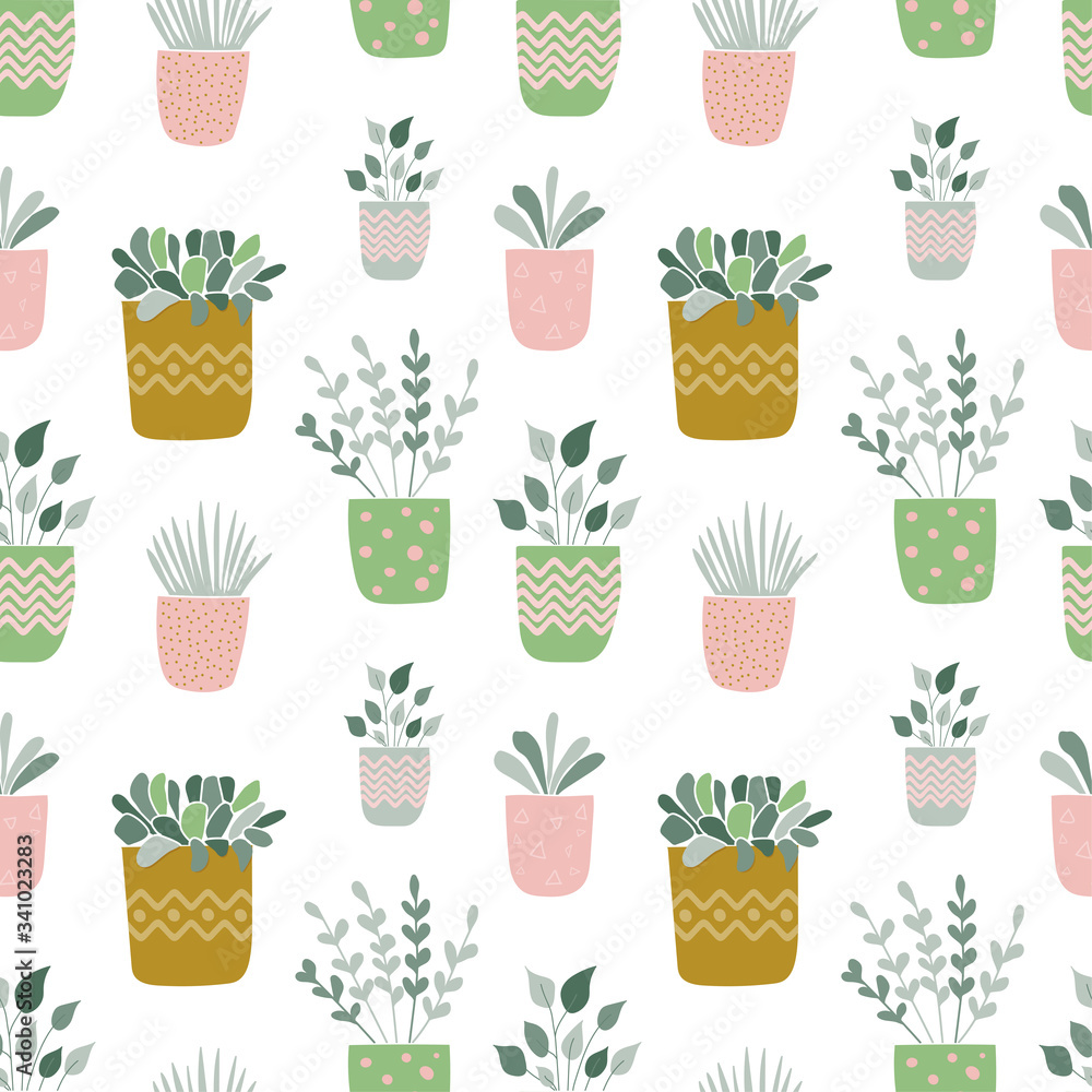 Hand drawn plants in pot. - seamless pattern. - vector Hand drawn plants in pot. - seamless pattern. - vector