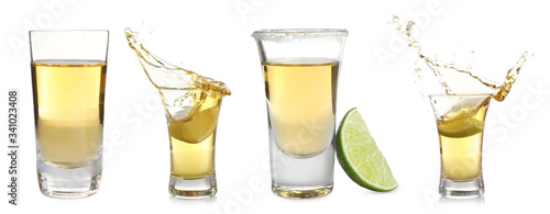Set of Mexican Tequila shots on white background