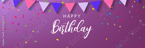 Happy Birthday horizontal banner on a purple background. Vector illustration.