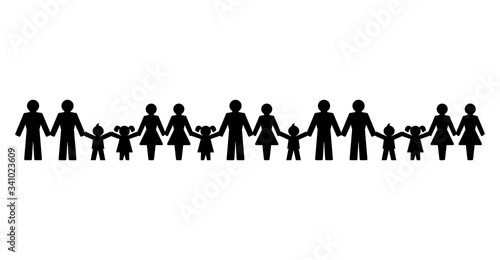 Pictograms of people holding hands, standing in a row. Abstract symbols of connected men, women and children expressing friendship, love and harmony. We are one world. Illustration over white. Vector.