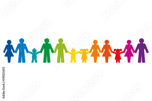 Rainbow colored pictograms of people holding hands, standing in a row. Abstract symbols of connected people, expressing friendship, love and harmony. We are one world. Illustration over white. Vector. photo