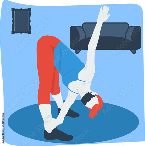 Vector drawing woman in a medical mask exercises at home. The concept of home fitness during quarantine.
