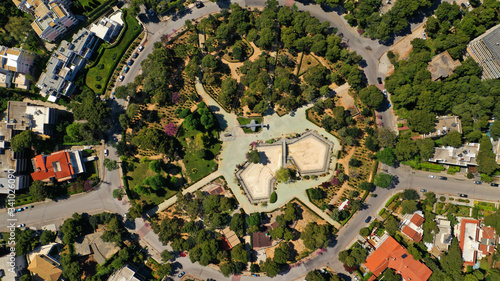 Aerial drone top down photo of circular park of heroes of National Technical University in north Athens, Kifisia, Attica, Greece photo