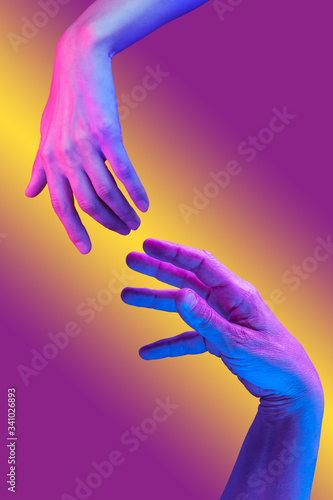 Two hand in a pop art collage style in neon bold colors. Modern psychedelic creative element with human palm for posters  banners  wallpaper. Copy space for text. Magazine style. Zine culture.