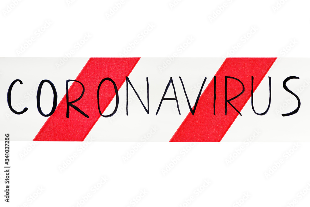 Red and white warning tape with the inscription coronavirus close up on an isolated white background. Concept for protecting people from coronavirus infection. Coronavirus, Covid-19