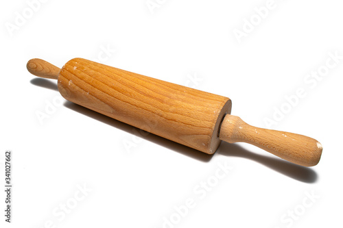 Rolling pin and wooden cooking utensils. Utensils for kitchen, on a white background