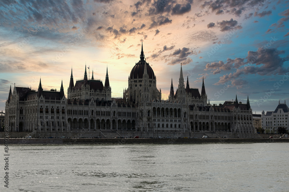 Hungarian parliament at sunset Budapest Hungary