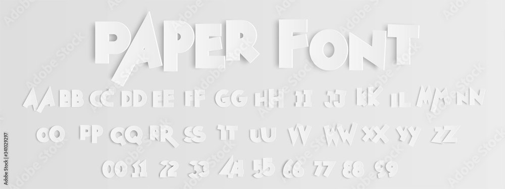 Floating paper letters and numbers of the alphabet on light gray background.vector illustration. - obrazy, fototapety, plakaty 