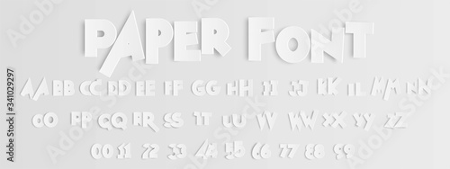 Floating paper letters and numbers of the alphabet on light gray background.vector illustration. photo