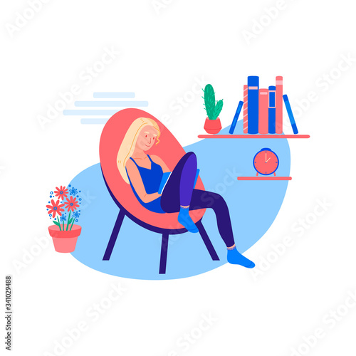 Young woman work on freelance at home interior. Girl with laptop working comfortably sitting on a chair. Freelancer, remote job, self-employed concept. Flat cartoon vector illustration.