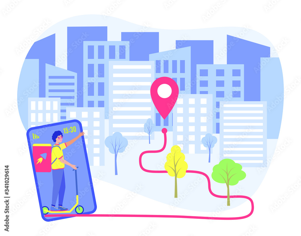 Fast internet delivery concept. Courier  riding scooter with box with products from grocery store, shop or supermarket. Flat vector stock illustration. The phone shows the last destination