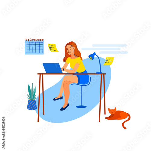 Young woman work on freelance at home interior at her desk. Girl with laptop working comfortably. Freelancer, remote job, self-employed concept. Flat cartoon vector illustration.