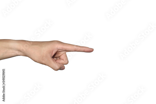 Pointing finger Man hand sign isolated on white background