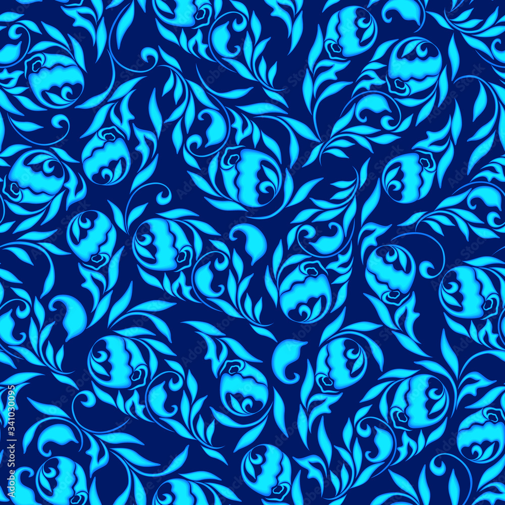 Fototapeta Seamless traditional classic blue pattern with leaves and flowers. Gzhel ethnic ornament. Vector print.
