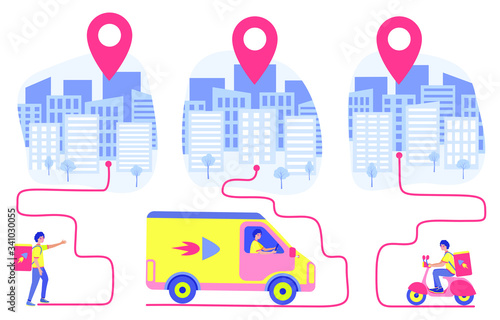 Fast internet delivery concept. Courier goes to the city with products from grocery store, shop or supermarket, the phone shows the final destination. Flat vector stock illustration. 