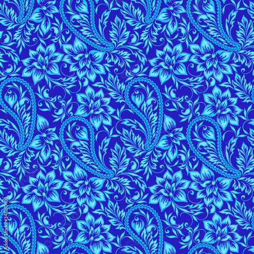 Seamless traditional classic blue pattern with leaves and flowers. Gzhel ethnic ornament. Vector print. photo