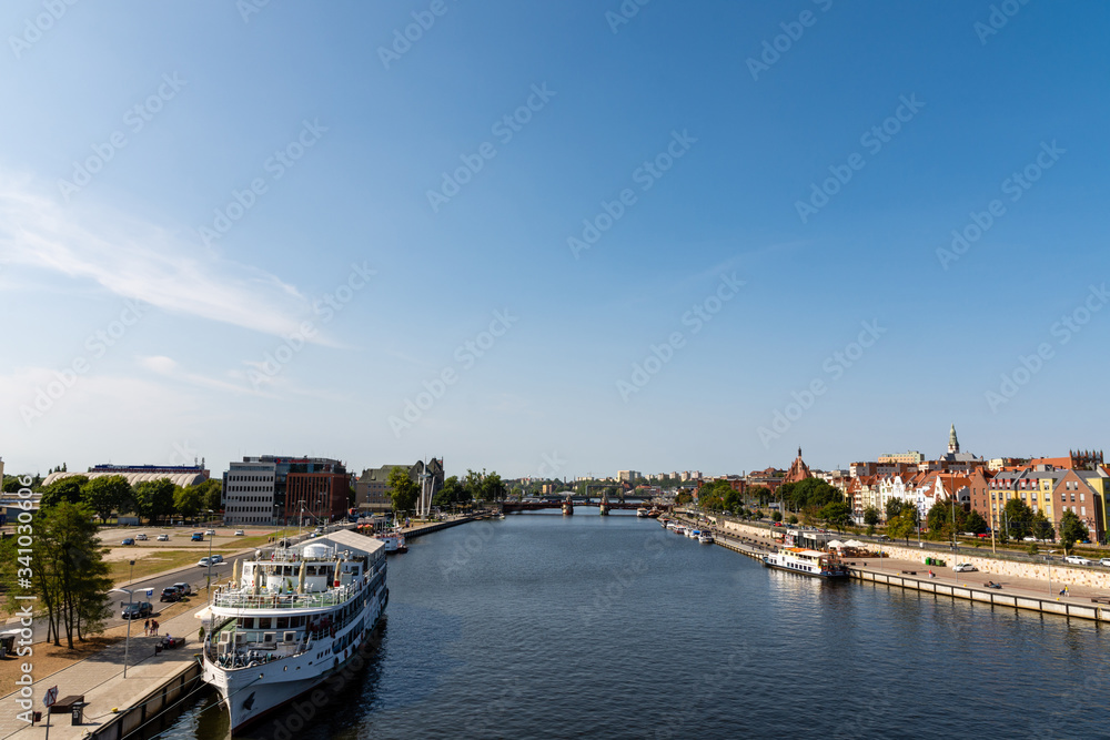 The Odra River in Szczecin and ships.