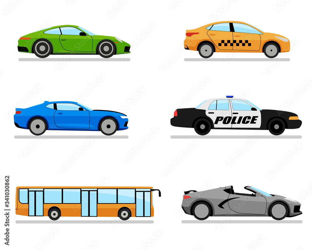 Set of various city cars. Cartoon flat style illustration on a white background. Side view