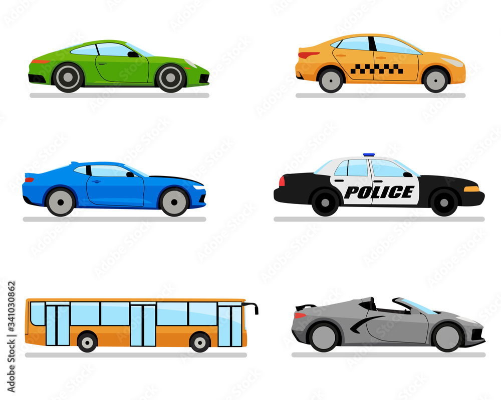 Set of various city cars. Cartoon flat style illustration on a white background. Side view Set of various city cars. Cartoon flat style illustration on a white background. Side view