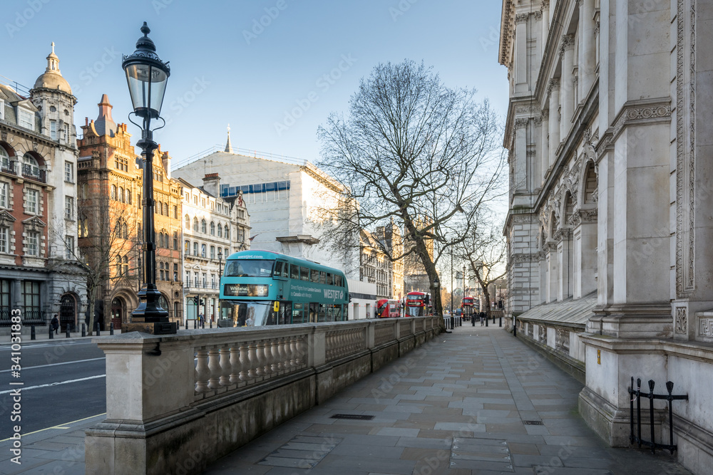 LONDON, UK - 23 MARCH 2020: Empty streets in Westminster, London City Centre during COVID-19, lockdown during coronavirus