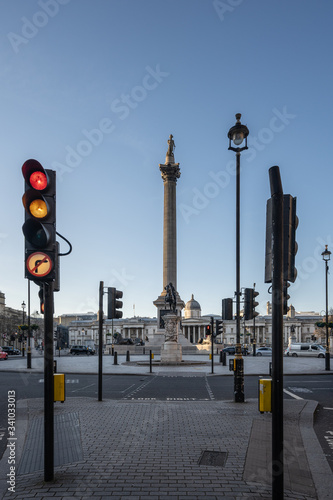LONDON, UK - 23 MARCH 2020: Empty streets at Trafalgar Square, London City Centre during COVID-19, lockdown during coronavirus
