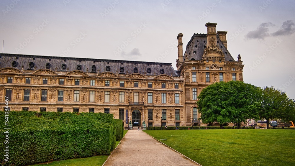 View of the buildings of the Louvre. Is the world largest art museum and is housed in the historic Louvre Palace, originally built in the late 12th to 13th century.