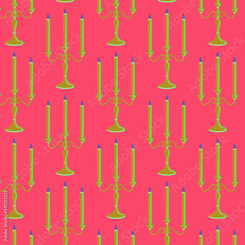 Burning candle in a candlestick on a pink background. Antique pattern.