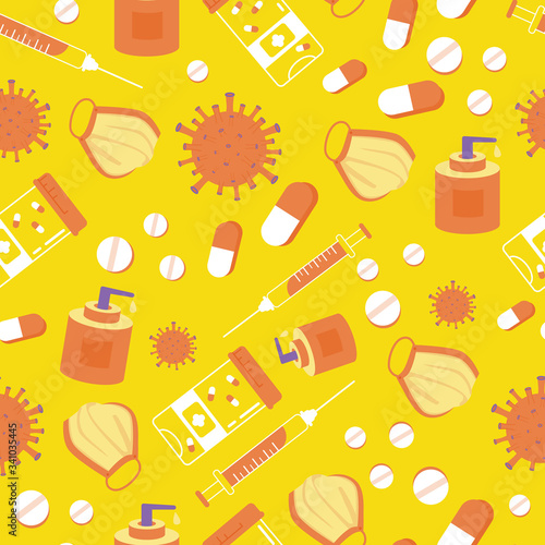 Bright pattern. Treatment. Mask, virus, toilet paper and soap icons.