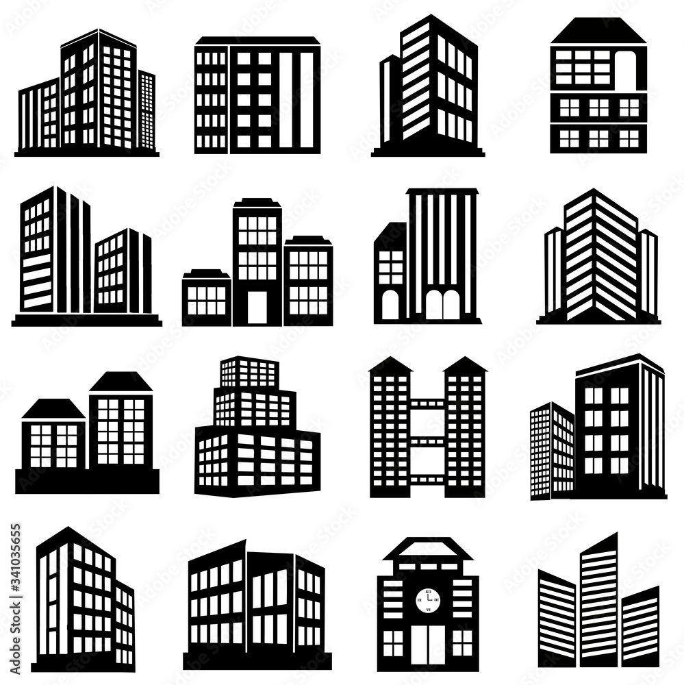 16 set of Building symbol vector. hotel, apartment, skyscraper, school, house modern icon illustration design