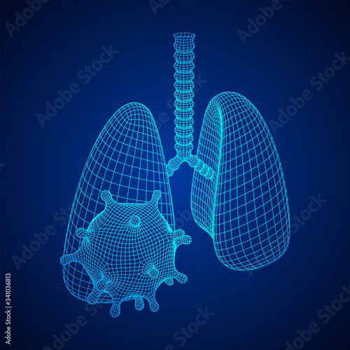 Corona Virus and Lungs with trachea bronchi internal organ human. Covid virus pulmonology medicine science concept. Wireframe low poly mesh vector illustration.