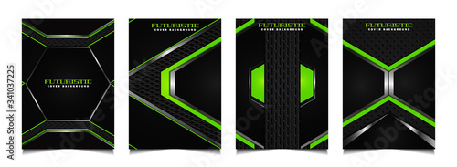 Set of futuristic abstract geometric cover design background with black, green, and silver metallic technology style. Vector layout template for business brochure, sport poster, automotive promotion