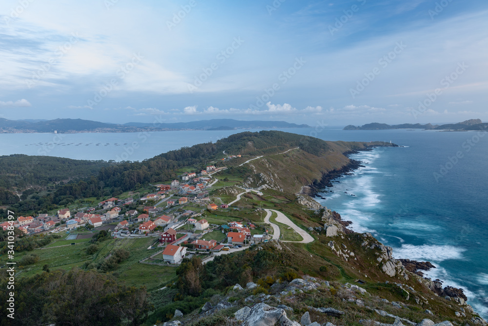 View of the coast of La Vela and the Cies Islands from the O Facho de Donon viewpoint, in Galicia, Spain.