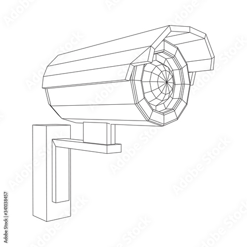 Modern video camera. Webcam viewing area. Safety, security concept. Wireframe low poly mesh vector illustration.