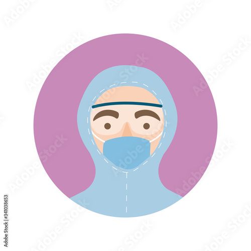doctor with biosafety suit character block and flat style icon