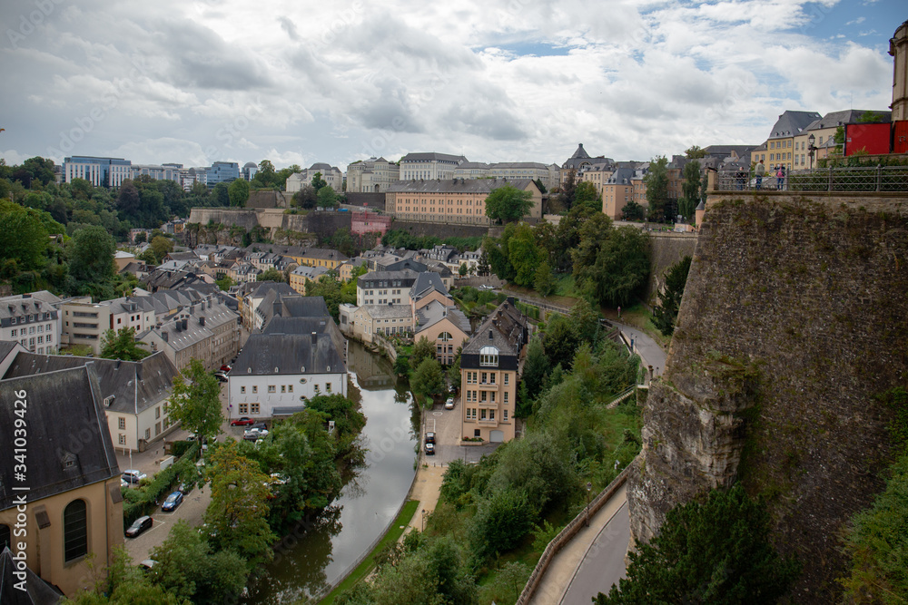 Partial view of the city of Luxembourg and its old fortified medieval city that is located on steep cliffs.