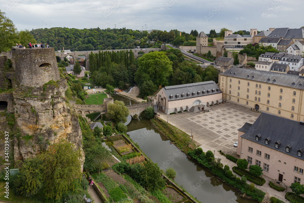 Partial view of the city of Luxembourg and its old fortified medieval city that is located on steep cliffs.
